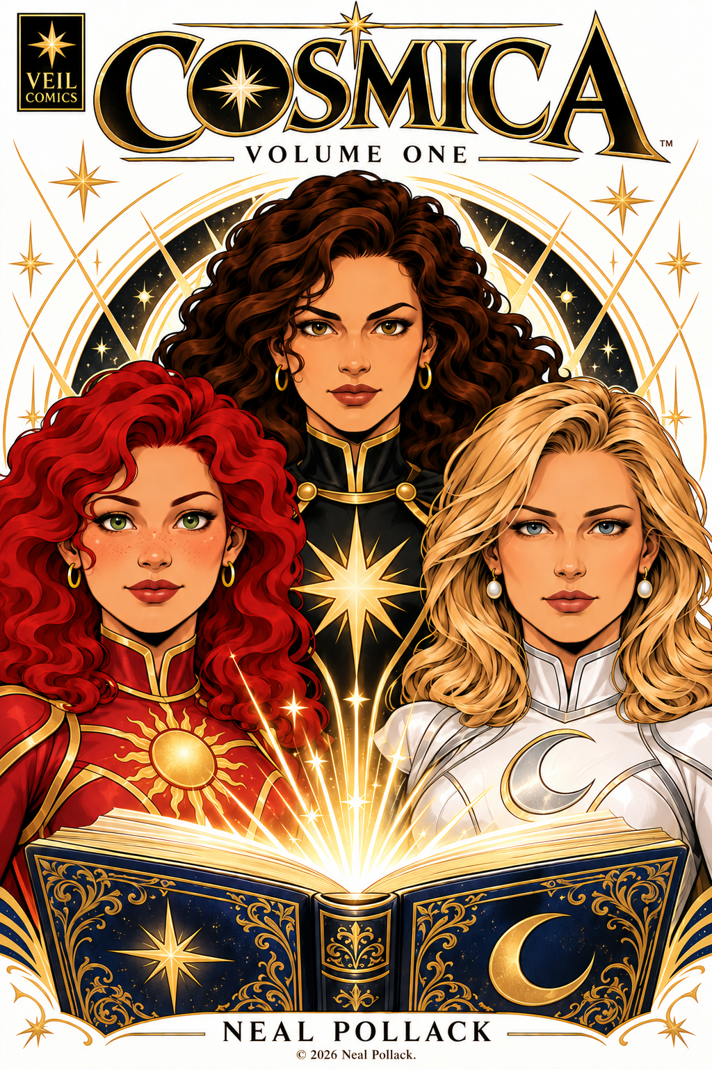 COSMICA: Volume One cover featuring Cosmica, Solara and Lumina above the open Book